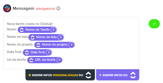 Tela de personalização de informações mostrando campos do ClickUp