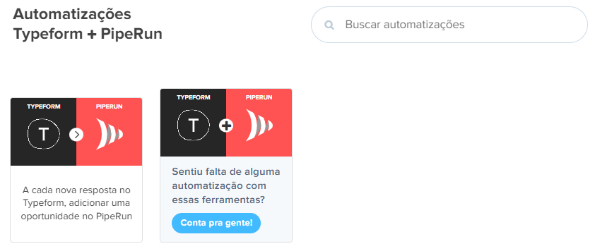 Página de integração entre Typeform e PipeRun mostrando automações disponíveis