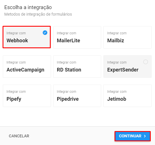 Opção de integração com webhook no GreatPages