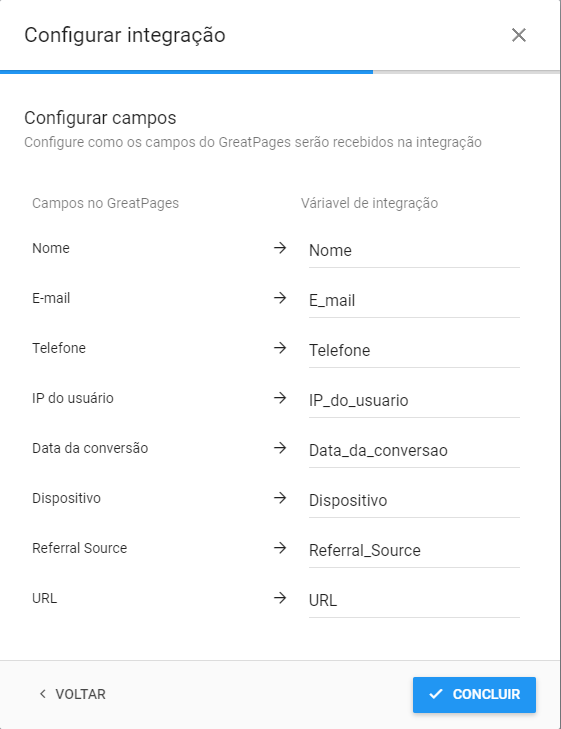 Variáveis de integração do formulário GreatPages