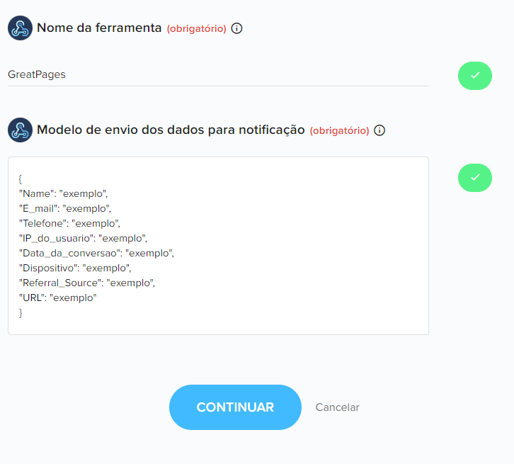 Configuração do modelo JSON no Pluga Webhooks