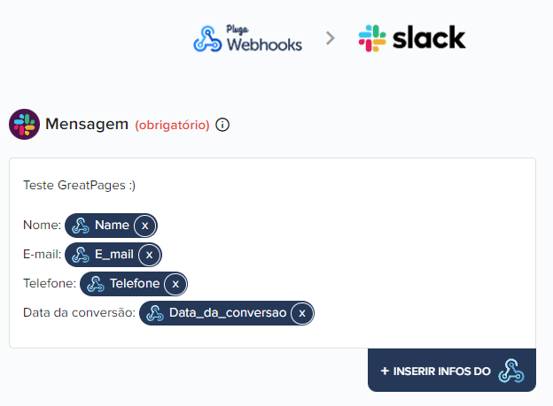 Mapeamento de campos da integração GreatPages