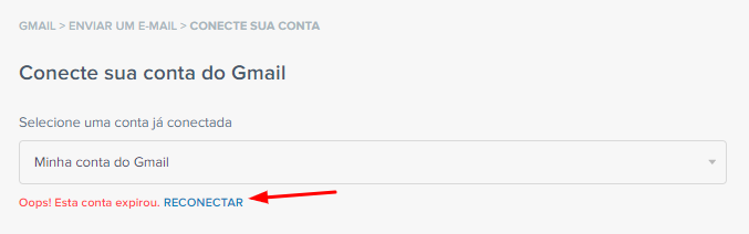Mensagem solicitando reconexão de conta na ferramenta de destino