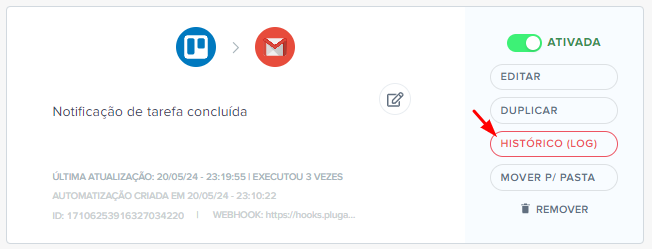 Botão de acesso ao Histórico (Log) na automatização da Pluga