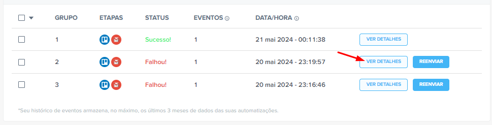 Botão Ver detalhes no evento com falha no Histórico (Log)