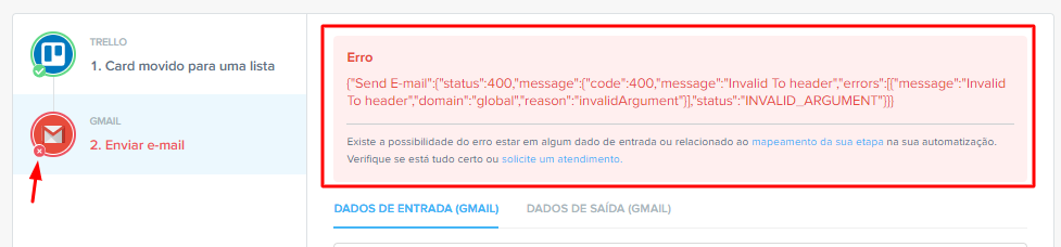 Mensagem de erro exibida em retângulo vermelho com detalhes da falha