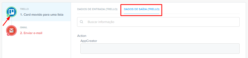 Aba Dados de saída mostrando informações recebidas da ferramenta de origem