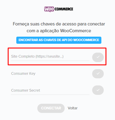 Campo de autenticação do WooCommerce na Pluga solicitando URL do site