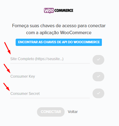 Campos de autenticação do WooCommerce solicitando Site, Consumer Key e Consumer Secret