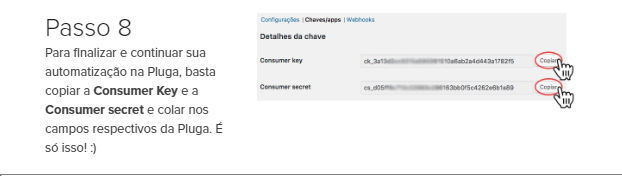 Credenciais de API do WooCommerce sendo copiadas para autenticação na Pluga