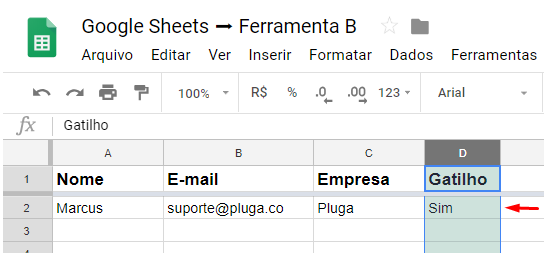Exemplo de seleção da coluna gatilho em uma planilha do Google Sheets