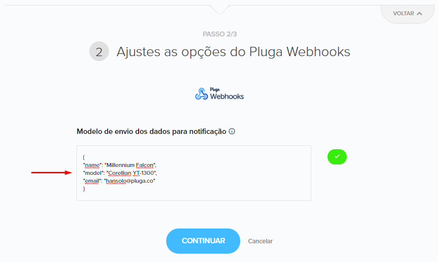 Campo de modelo de envio de dados JSON na Pluga