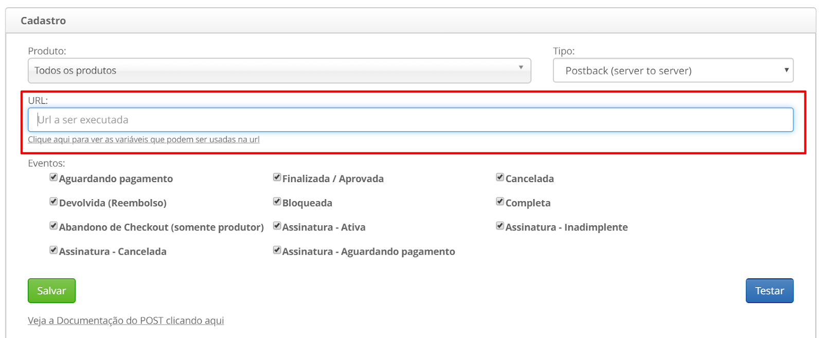 Campo URL de Postback da Monetizze preenchido com webhook da Pluga