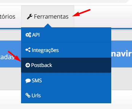 Menu de ferramentas da Monetizze com opção Postback destacada