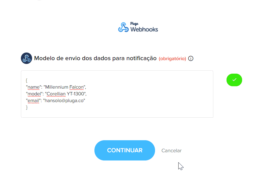 Exemplo de inserção de JSON do Notazz no campo de modelo de dados