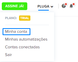 Menu lateral do painel Pluga mostrando a opção Minha conta