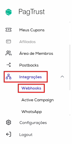 Menu de integrações no painel da PagTrust