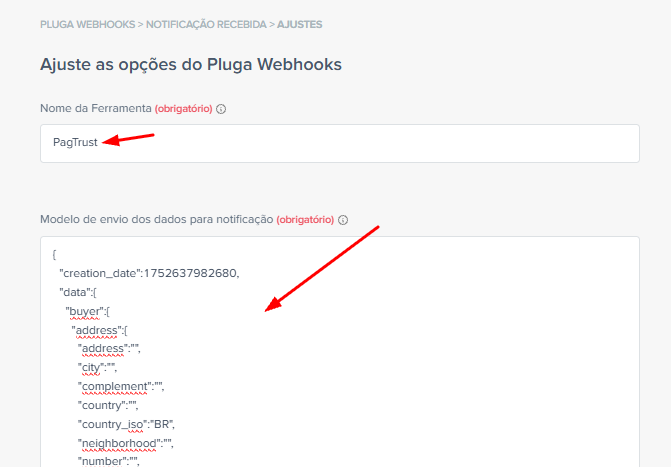 Tela de configuração do modelo JSON