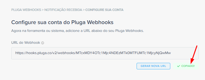 URL de webhook gerada pela Pluga