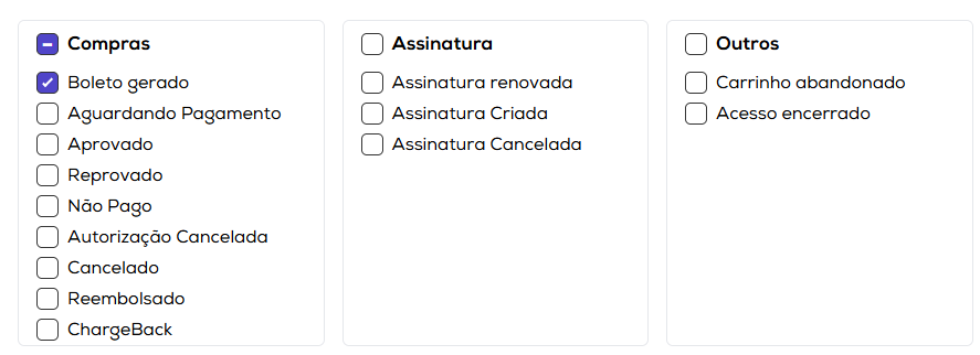 Seleção de gatilhos para webhook na PagTrust
