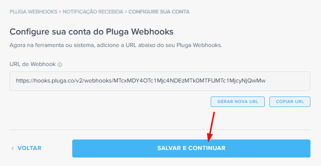 Botão continuar na tela de configuração da Pluga