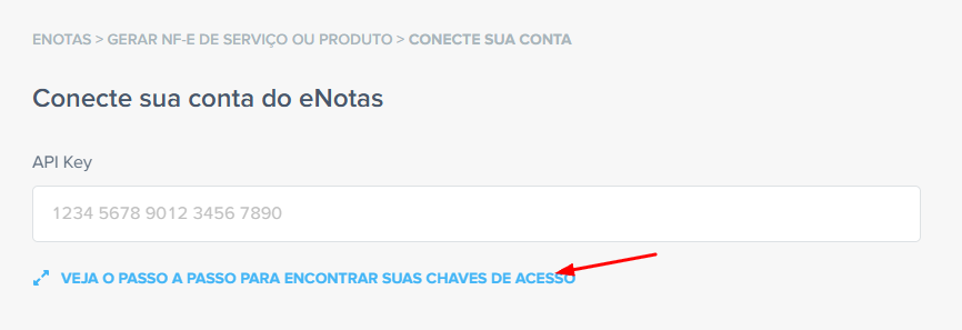 Tela de conexão de conta eNotas com API Key