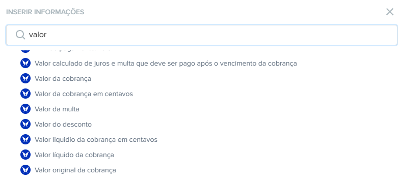 Exemplo de campos similares no Asaas mostrando diferentes atributos de valor