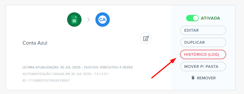 Tela de Minhas automatizações com destaque para o botão Histórico Log