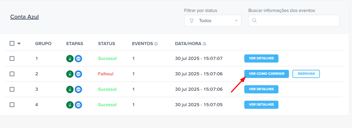 Histórico Log mostrando evento com falha e botão Corrigir