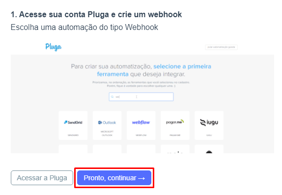 Tela de continuação da configuração do webhook