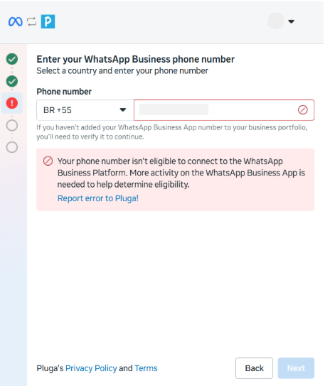 Mensagem de erro indicando que número não é elegível para conectar ao WhatsApp Business API