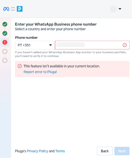 Tela mostrando erro de localidade não suportada no WhatsApp Business API