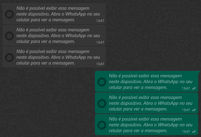Aviso do WhatsApp para Windows informando impossibilidade de exibir mensagem