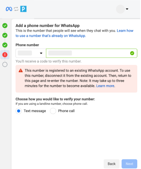 Erro exibido quando número já possui integração prévia com WhatsApp Business API