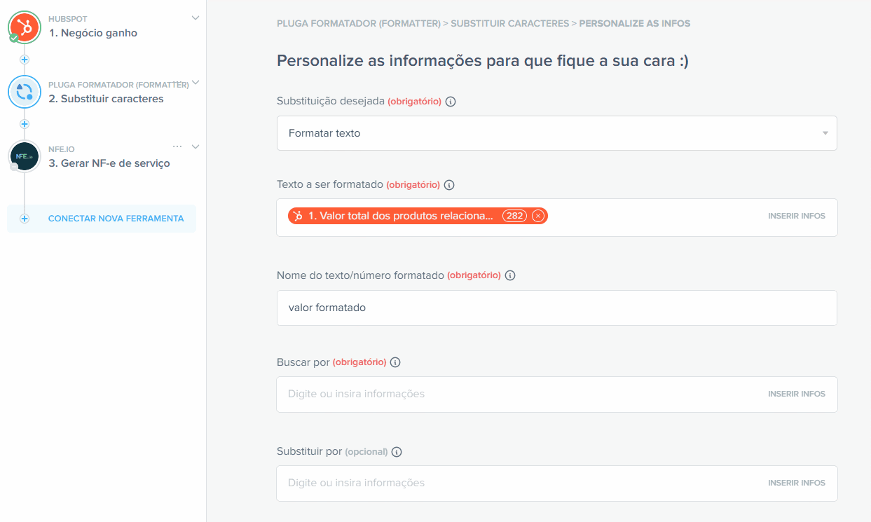 Tela de configuração do Formatador da Pluga para substituir e remover caracteres indesejados em automatizações