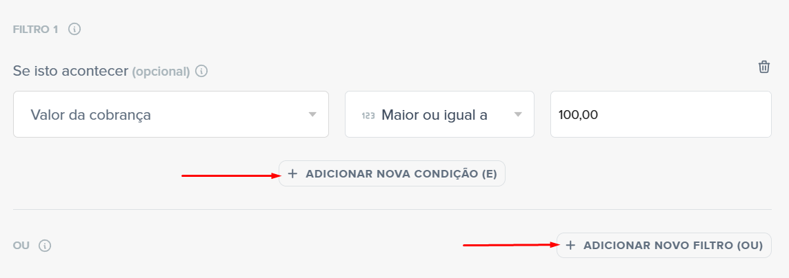 Interface mostrando botões E e OU para combinar filtros condicionais