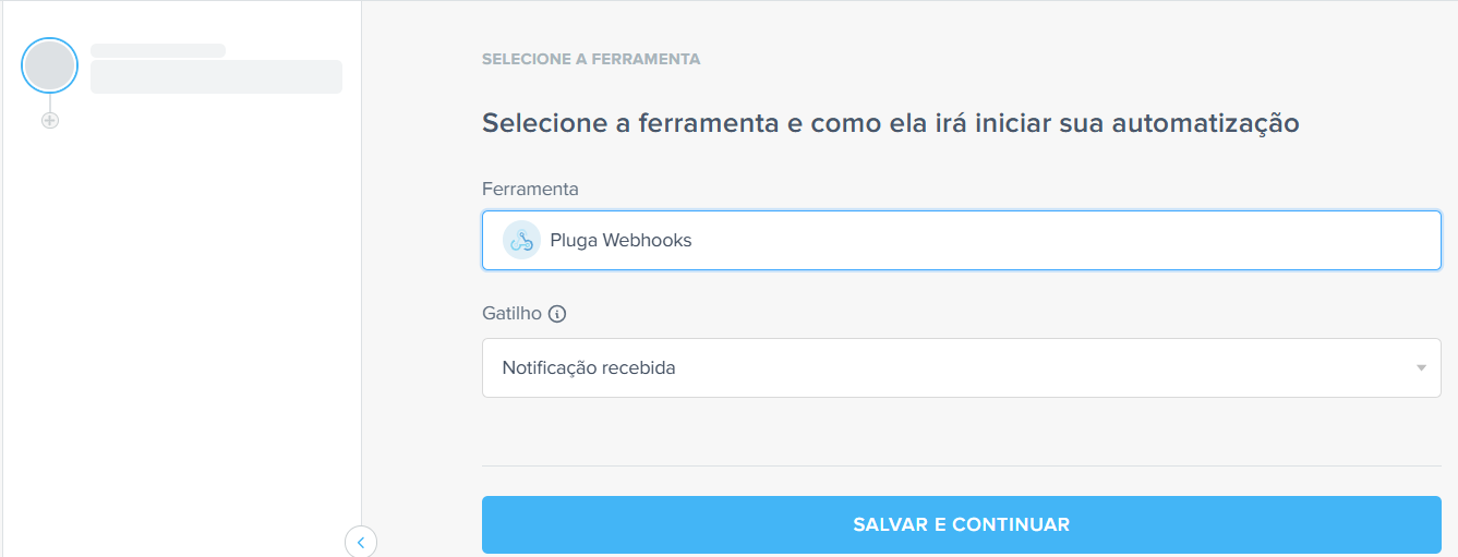 Seleção do Pluga Webhooks e gatilho Notificação Recebida