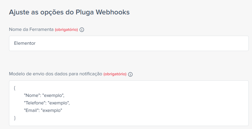 Campos para configurar origem dos dados e modelo JSON no Pluga Webhooks