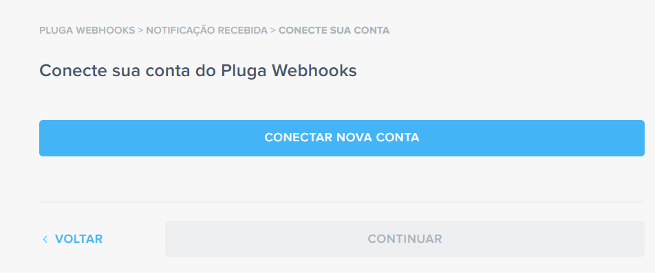 Tela de conexão de nova conta do Pluga Webhooks