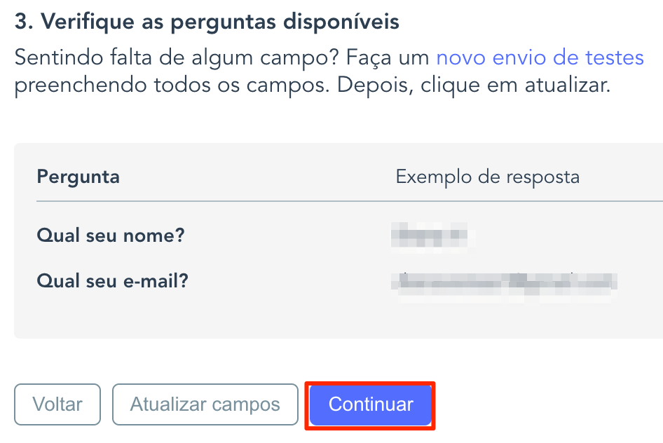 Lista de perguntas do formulário Respondi
