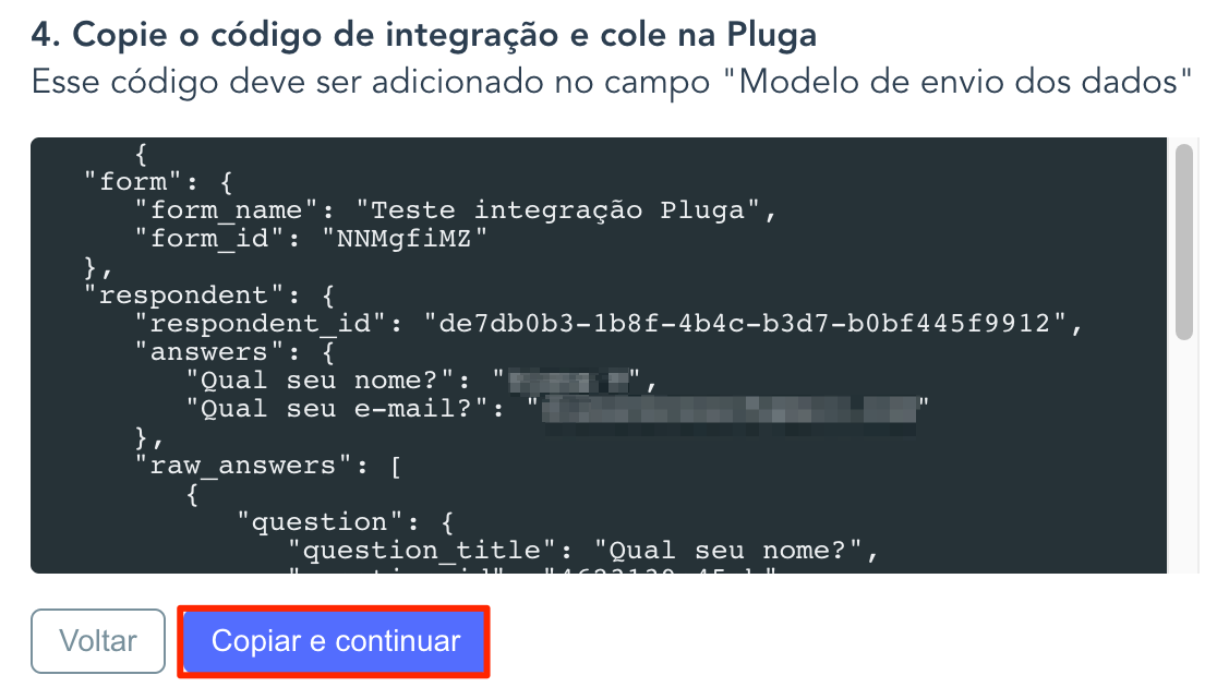 Código de integração gerado pelo Respondi