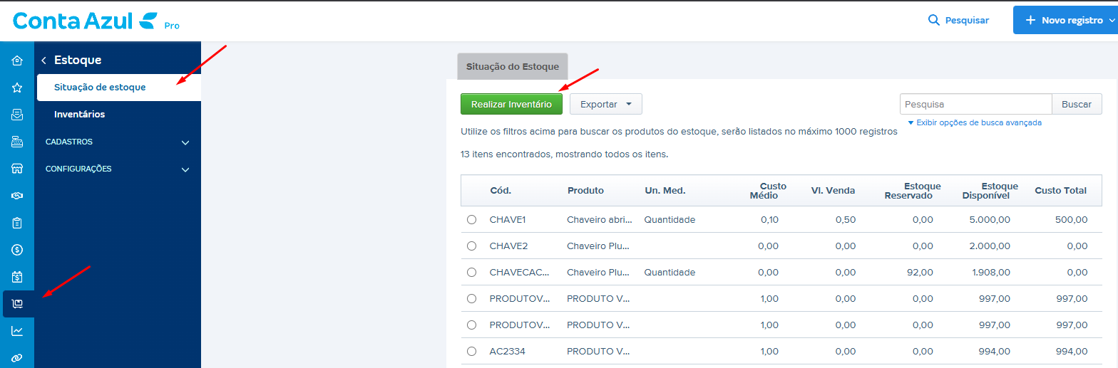 Tela de situação do estoque no ContaAzul para realizar inventário