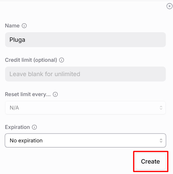 OpenRouter new API Key configuration modal with name field and credit limit option
