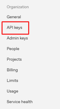 Menu lateral da OpenAI com a opção API Keys destacada