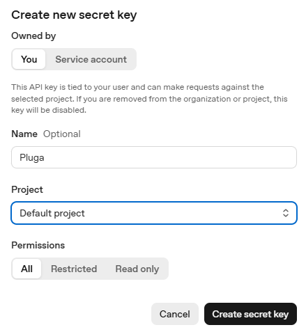 Modal de criação de nova secret key na plataforma OpenAI com campos de nome e projeto