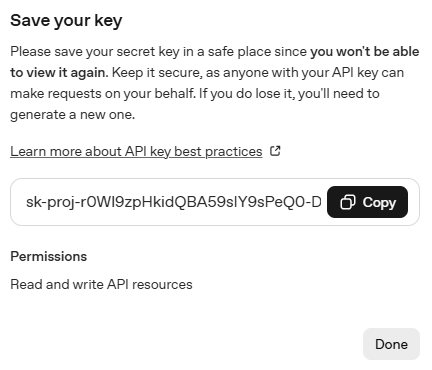 OpenAI API Key displayed only once for copying after generation