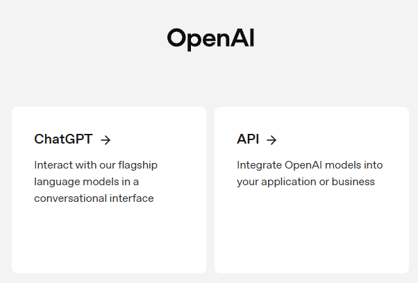 OpenAI main menu with the API option highlighted